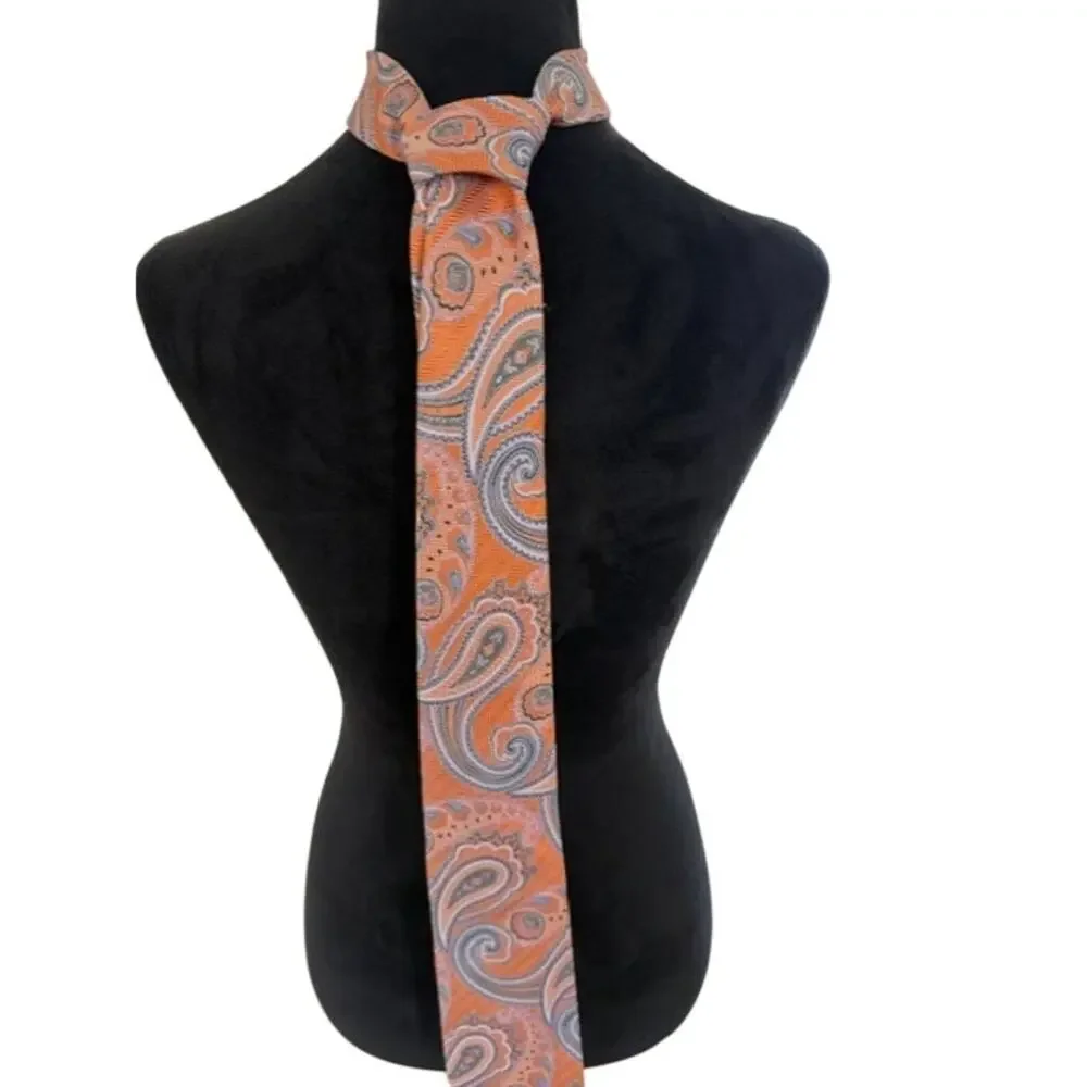 ETRO Silk Tie Mens Orange Paisley Luxury Designer Italy Classic Necktie